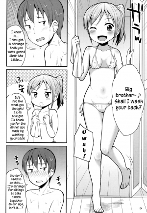 (C87) [Asatsuki Dou (Youta)] Oniichan Socchi mo Aratte Ageyokka♥ | I'm going to wash you down there, too, Big brother♥ [English] [yuripe] - Page 4